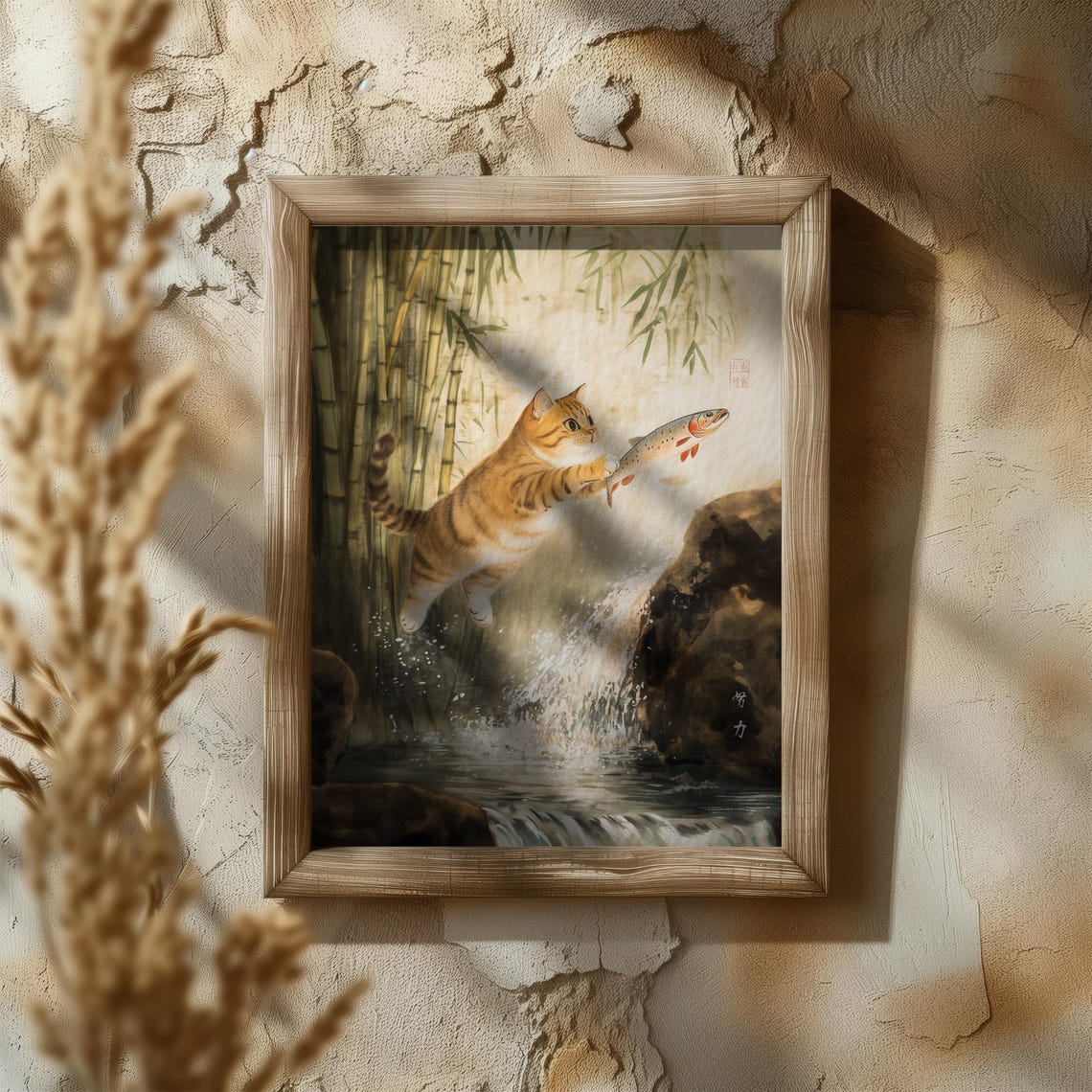 Orange Tabby Cat Catching Fish At A Waterfall In Bamboo Poster - Image 5