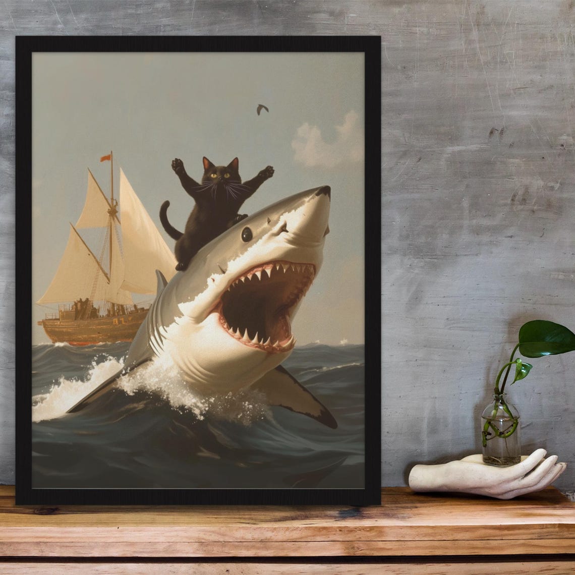 Black Cat Triumphantly Riding A Great White Shark Ocean Poster - Image 3