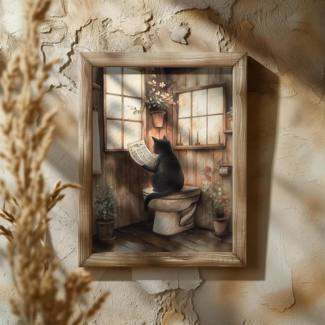 Black Cat Reading Newspaper On Toilet In Rustic Cabin Poster - Image 5