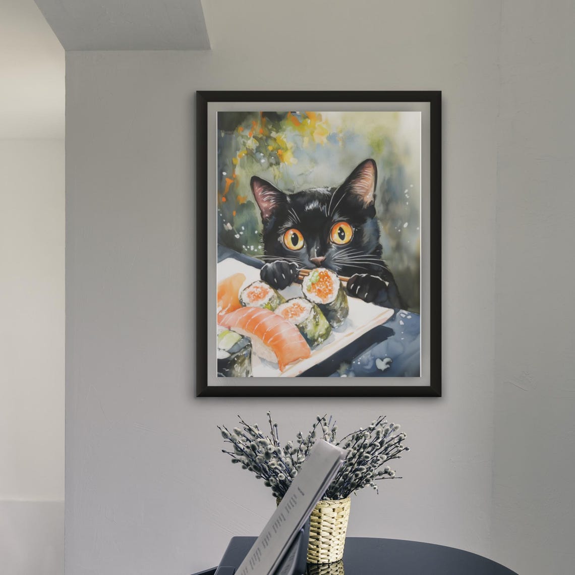 Black Cat Eyeing Sushi Plate In Loose Watercolor Style Poster - Image 4
