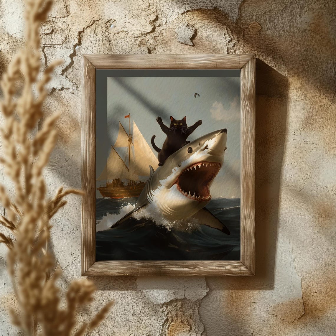 Black Cat Triumphantly Riding A Great White Shark Ocean Poster - Image 5