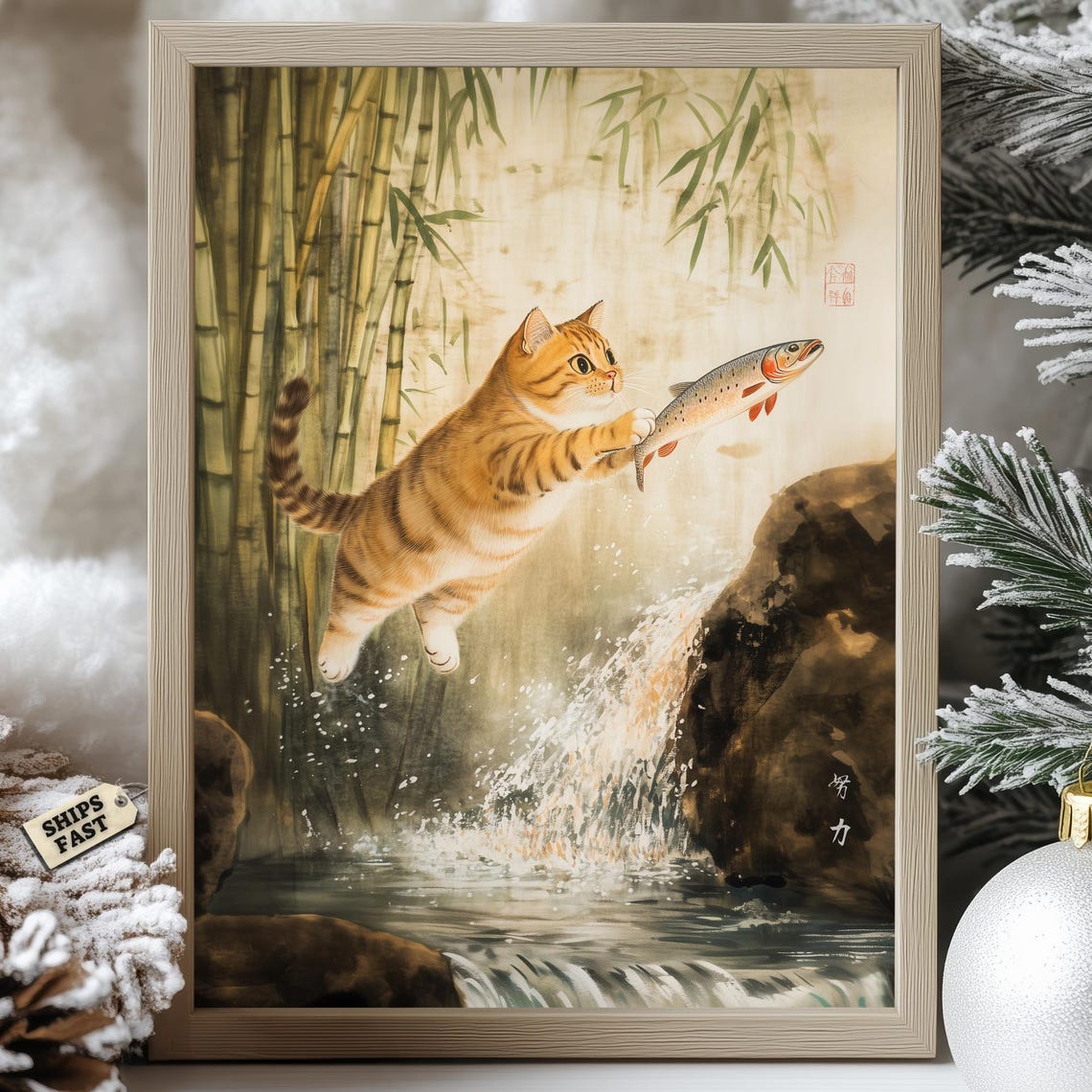 Orange Tabby Cat Catching Fish At A Waterfall In Bamboo Poster