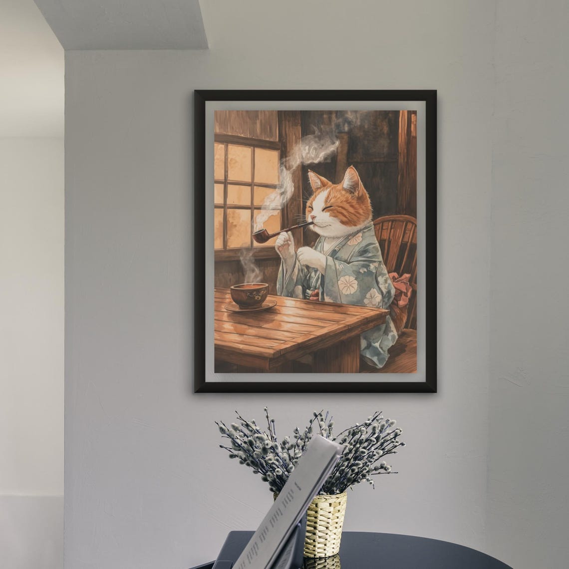 Orange Cat Smoking A Pipe In Floral Kimono At Tearoom Poster - Image 4