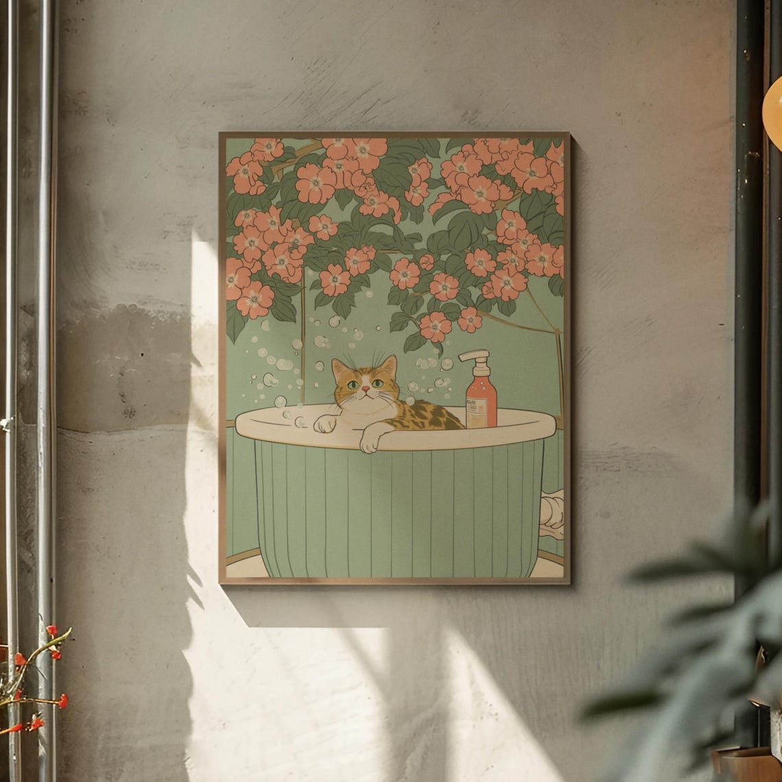 Tabby Cat Soaking In Mint Bubble Tub Under Cherry Blossom Poster - Image 2