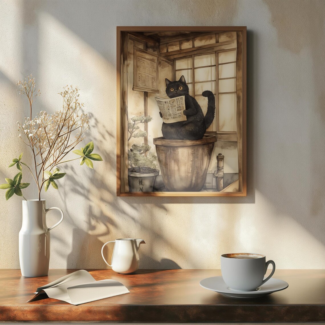 Black Cat Reading Newspaper On Wooden Tub Japanese Bath Poster - Image 7