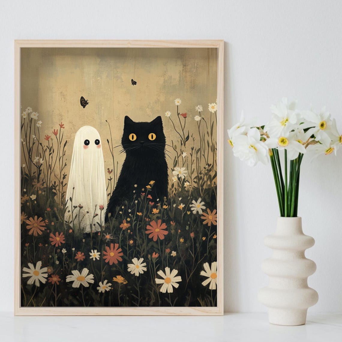 Black Cat And Cute Ghost In Wildflower Meadow Vintage Poster - Image 8