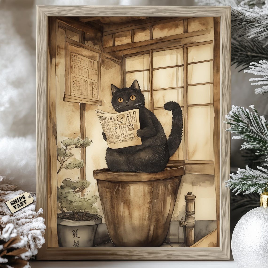 Black Cat Reading Newspaper On Wooden Tub Japanese Bath Poster