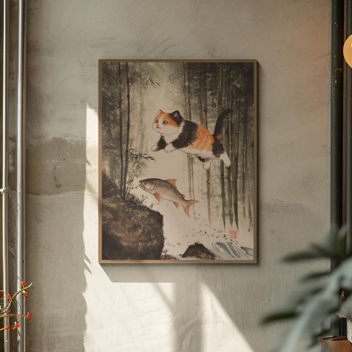 Calico Cat Leaping For A Fish In A Misty Bamboo Forest Ink Poster - Image 4