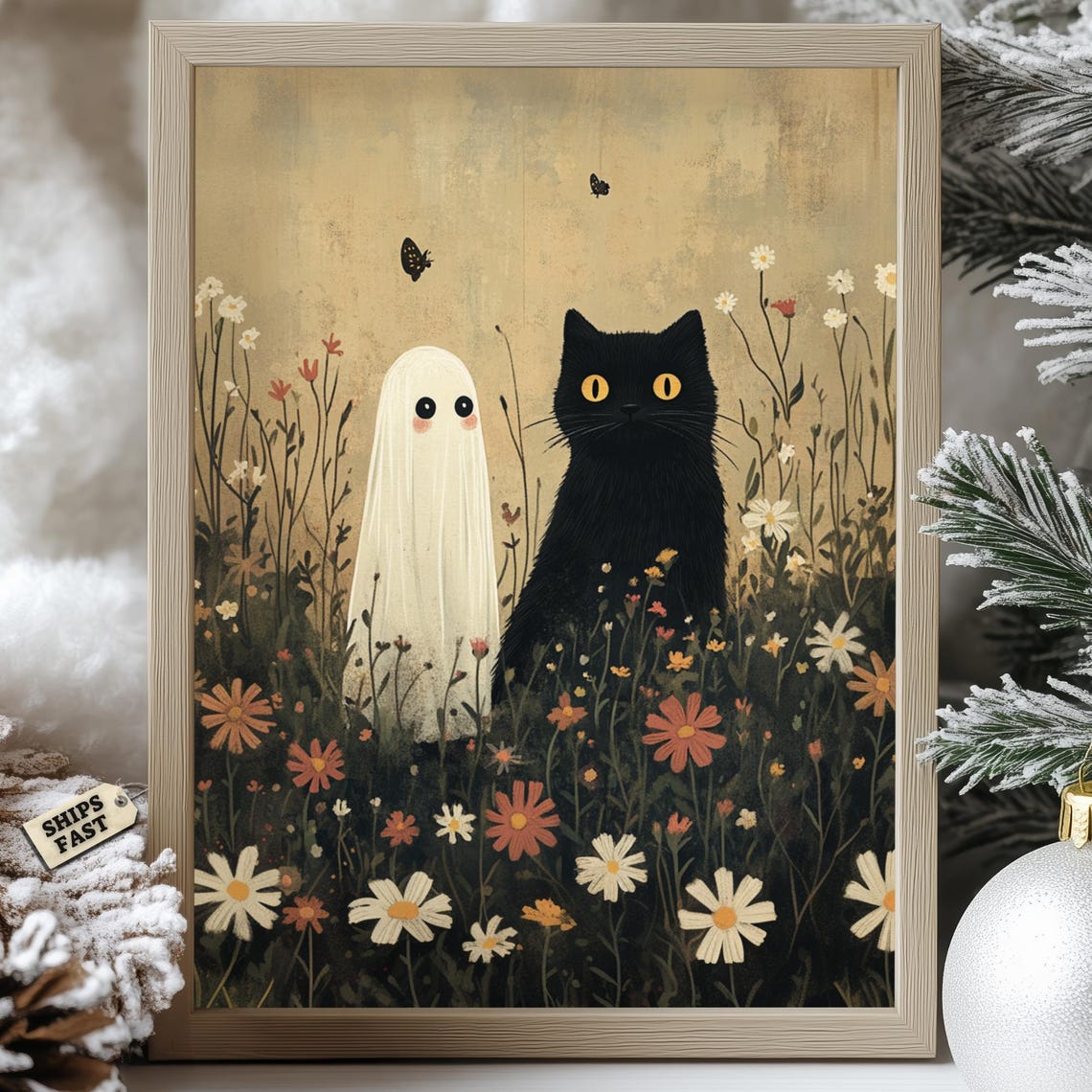 Black Cat And Cute Ghost In Wildflower Meadow Vintage Poster