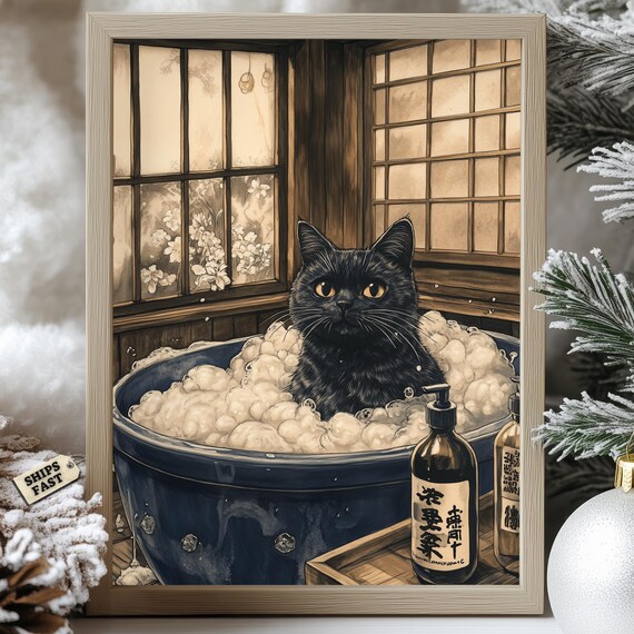 Black Cat In Bubble Bath With Blue Tub And Soap Bottles Poster