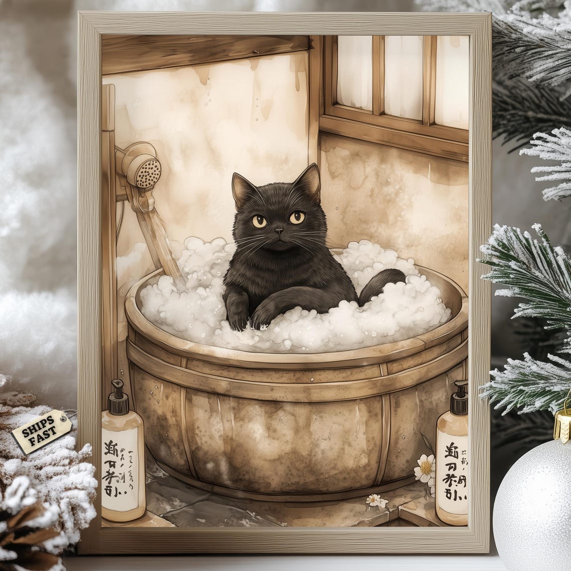 Black Cat In Wooden Bubble Tub With Shower Sepia Bath Poster