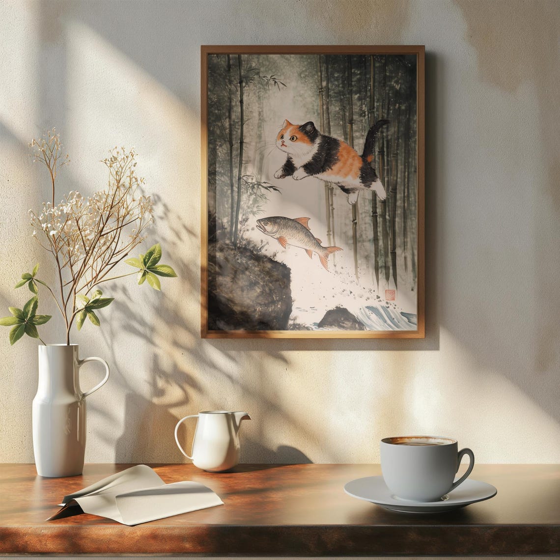 Calico Cat Leaping For A Fish In A Misty Bamboo Forest Ink Poster - Image 7