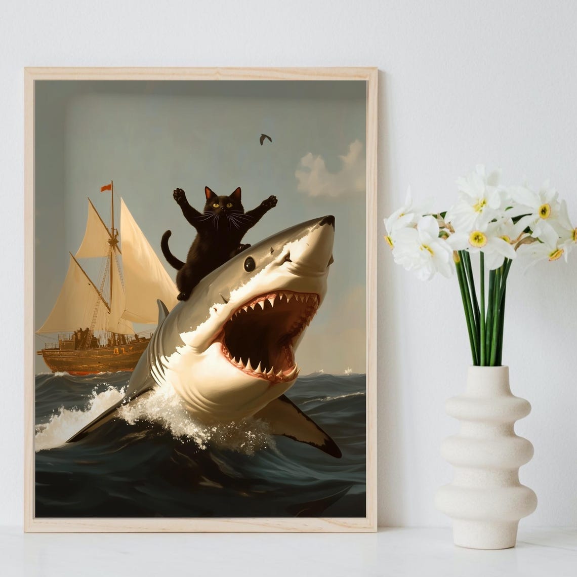 Black Cat Triumphantly Riding A Great White Shark Ocean Poster - Image 8