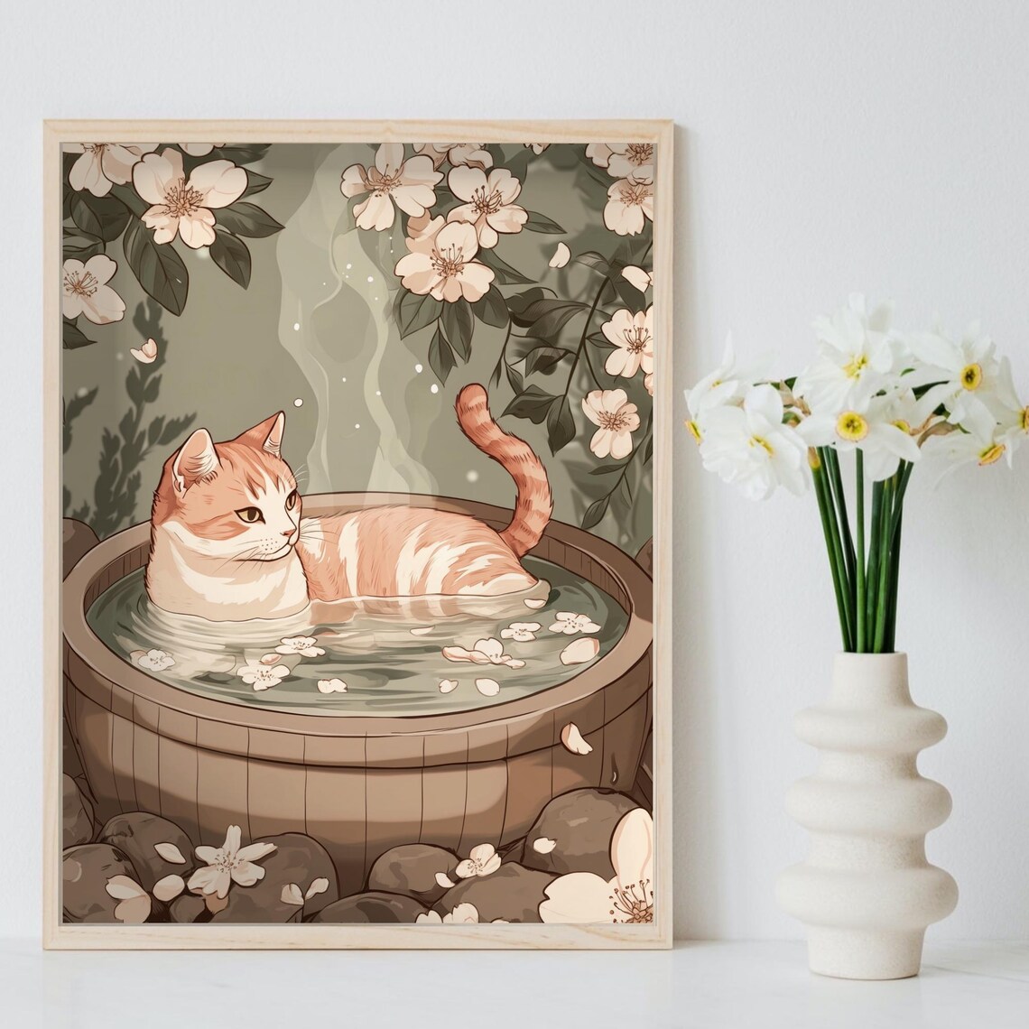 Cream Cat Soaking In Wooden Onsen With Cherry Blossom Poster - Image 8