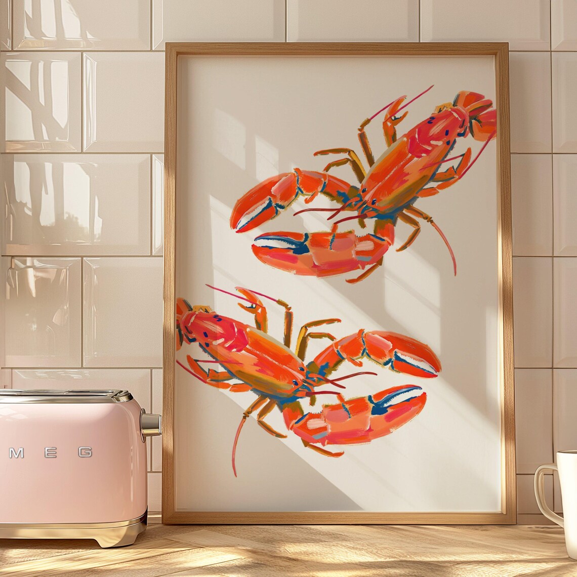 Red Lobsters Coastal Art Print, Beachy Oyster Shell Painting