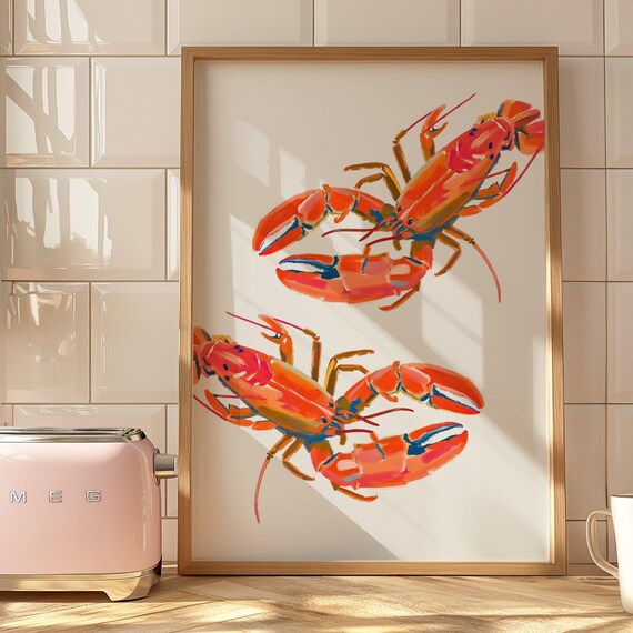 Red Lobsters Coastal Art Print, Beachy Oyster Shell Painting