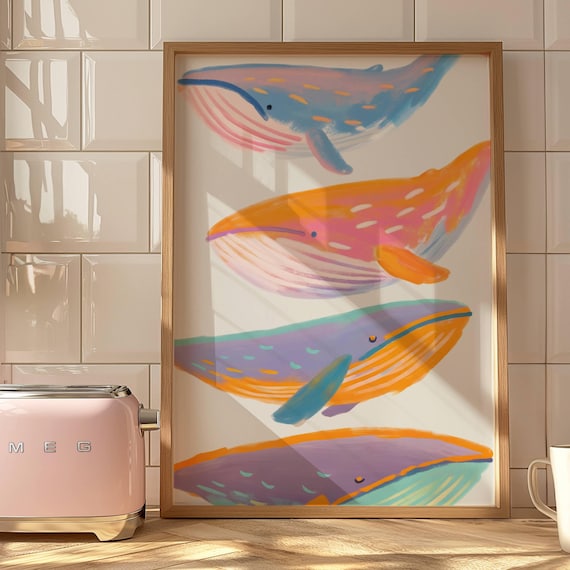 Pastel Watercolor Whales Ocean Coastal Kids Room Decor Art Poster