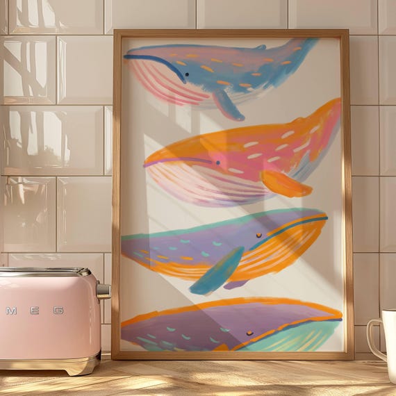 Pastel Whale Wall Art Coastal Decor Print Blue Poster Beach House Ocean Calming Sea Life