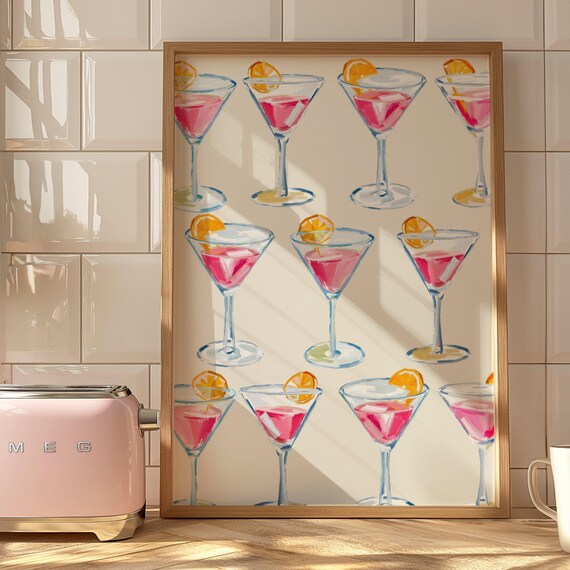 Pink Cosmopolitan Martini Glasses Watercolor Trendy Kitchen Bar Wall Art