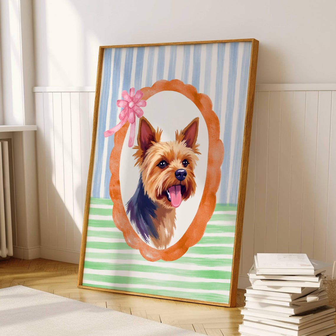 Yorkshire Terrier Puppy Portrait in a Preppy Striped Frame Poster