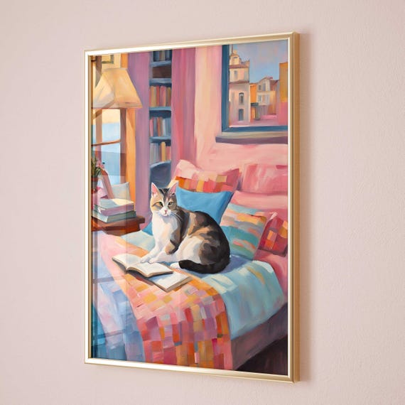 Cat Reading Book Watercolor Art Print