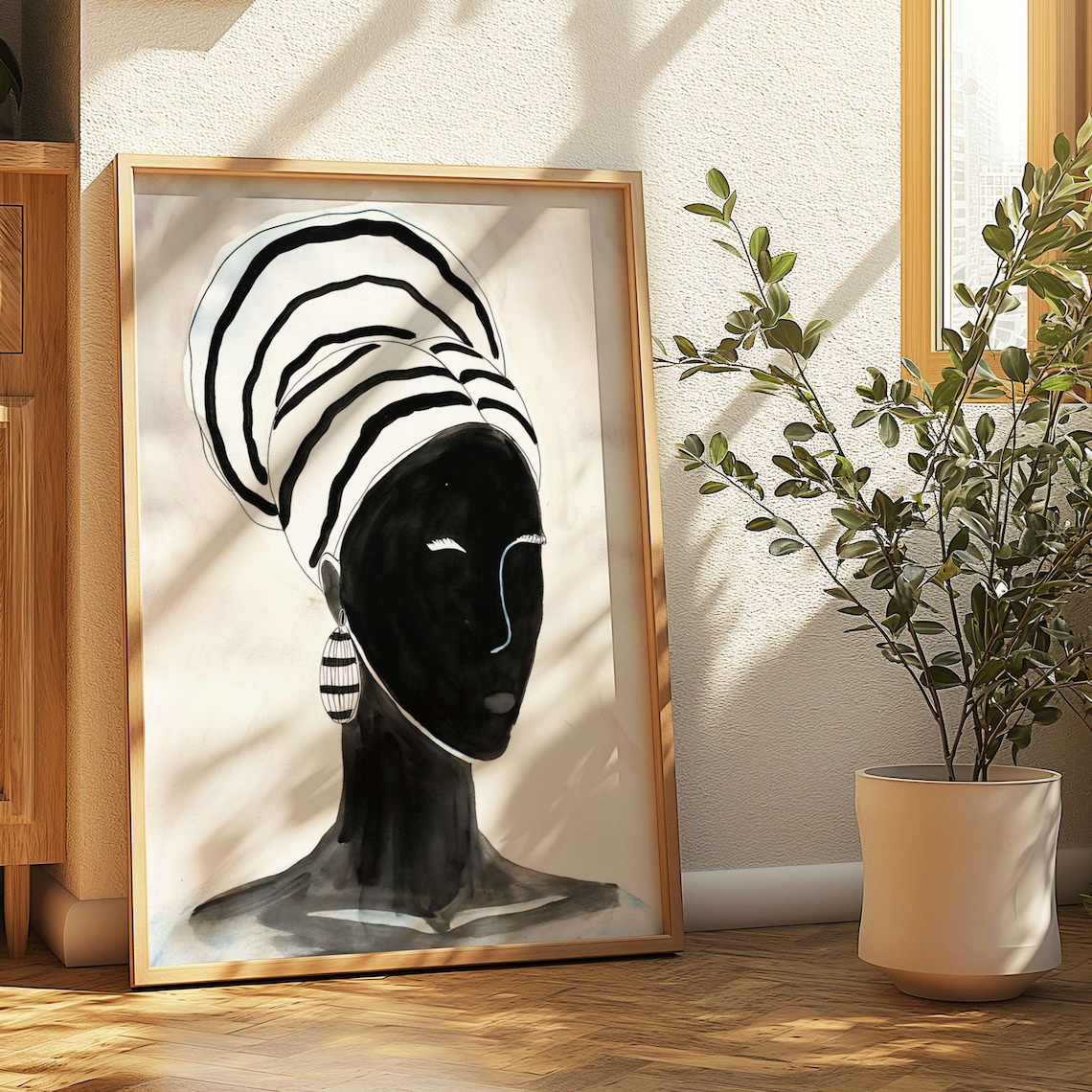 Boho Black Woman Portrait, Minimalist Living Room Decor