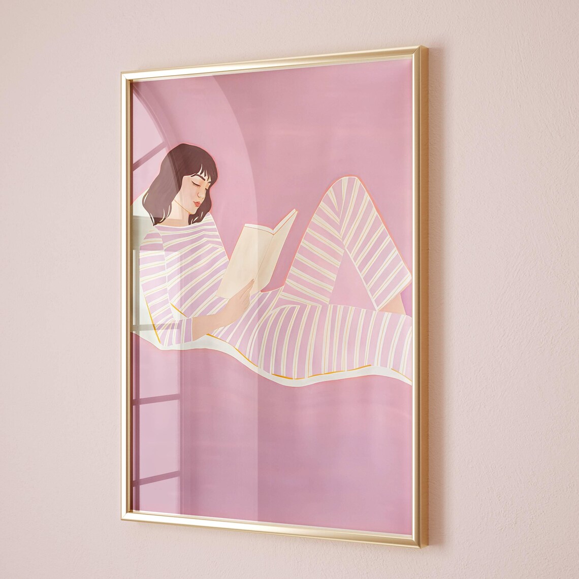 Woman Reading Book Pink Pajamas Cozy Bedroom Illustration Art Poster