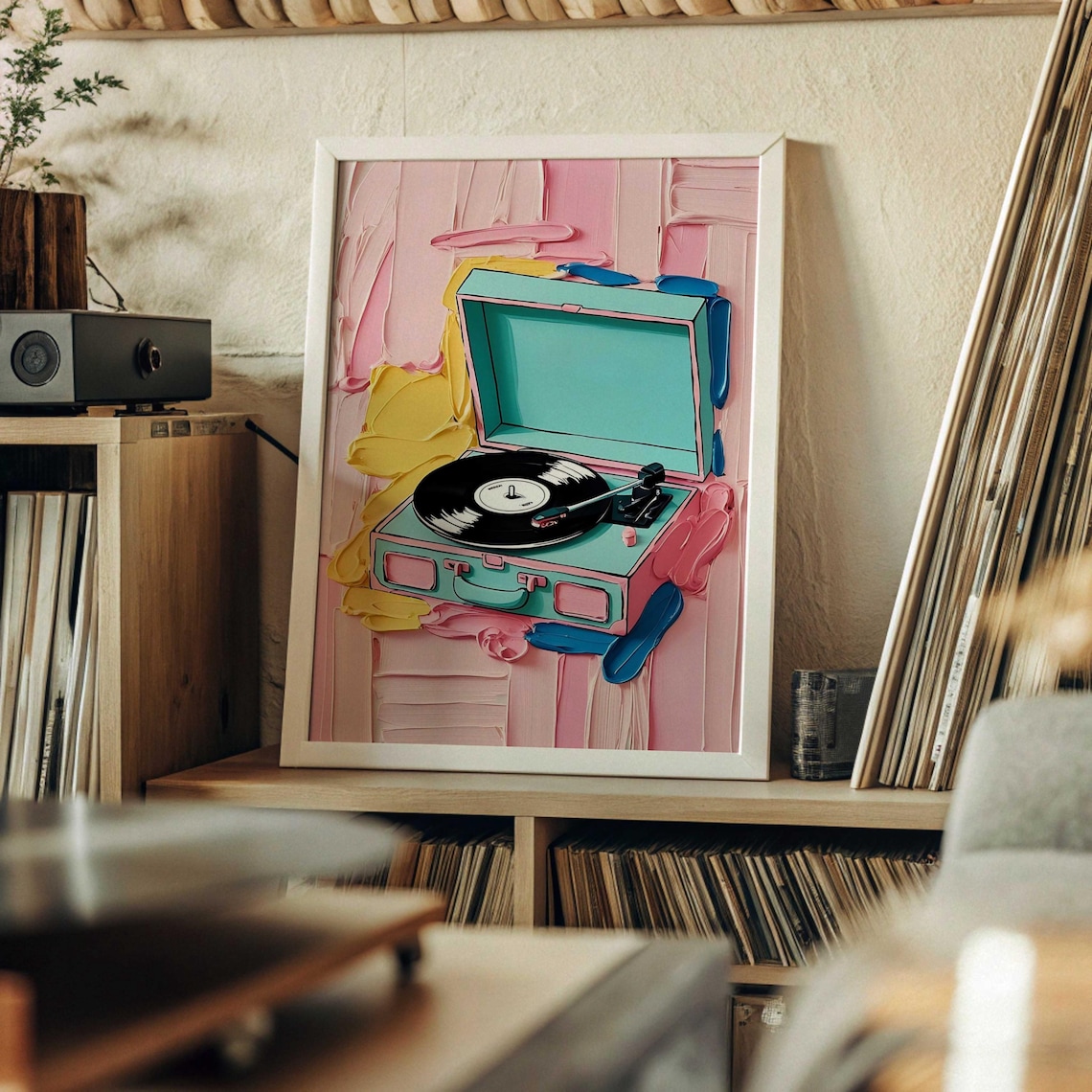 Retro Vinyl Record Player Pink Oil Painting Music Poster Vintage Decor