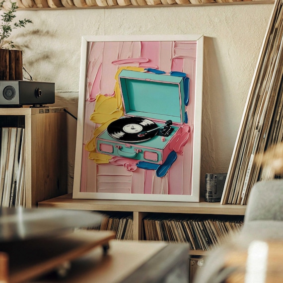 Retro Vinyl Record Player Pink Oil Painting Music Poster Vintage Decor
