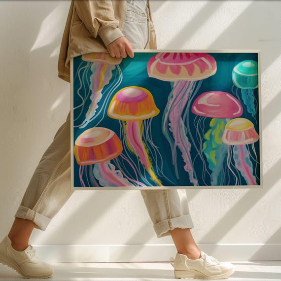 Jellyfish Fisherman Coastal Print Rustic Beach House Wall Art Nautical Kitchen Dining Room Decor Seaside Vibes Pastel 01