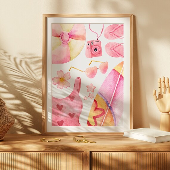Pink Coastal Beach Watercolor Art Print