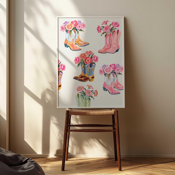 Cowboy Boots Pink Flowers Poster Trendy Western Floral Room Decor