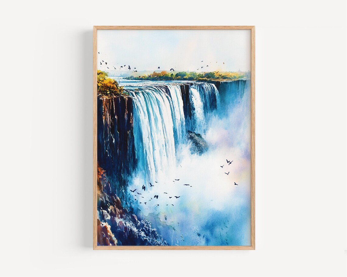 Victoria Falls Zimbabwe Waterfall Mist Watercolor Travel Poster