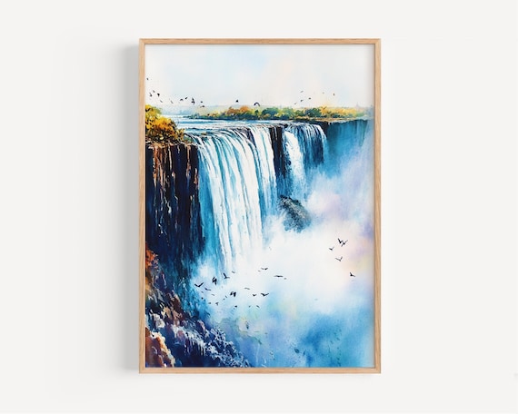Victoria Falls Zimbabwe Waterfall Mist Watercolor Travel Poster