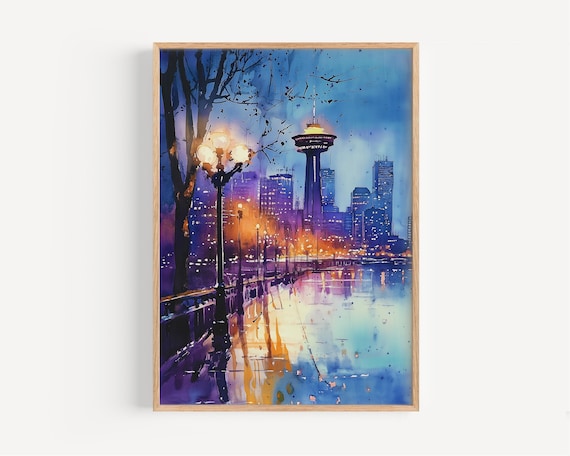 Canada Night Waterfront Lit Tower Lampposts Watercolor Cityscape Poster