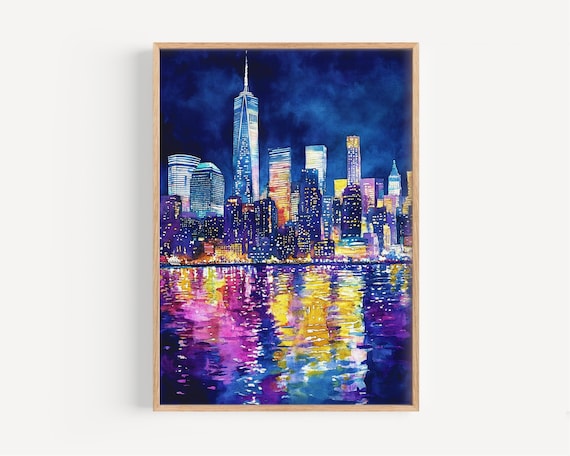 New York Night Skyline Poster Manhattan Lights Water Reflection