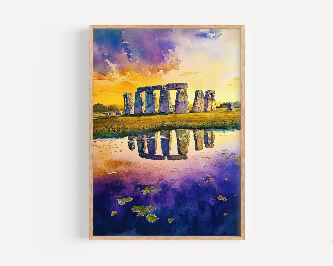 Stonehenge England At Sunset Watercolor With Purple Sky Reflection Wall Art