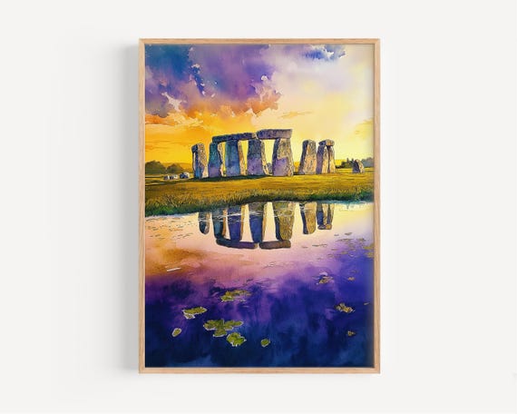 Stonehenge Watercolor Painting Wall Art Print Poster Travel Decor Illustration Home Anniversary
