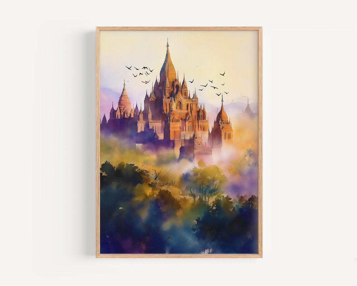 Golden Temple Sunset Watercolor Magical Ancient Palace Birds Poster