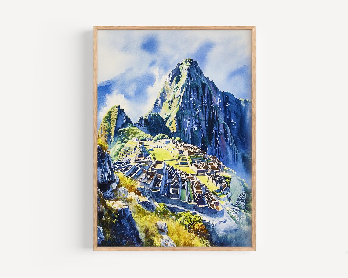 Machu Picchu Watercolor Travel Poster, Peru Illustration