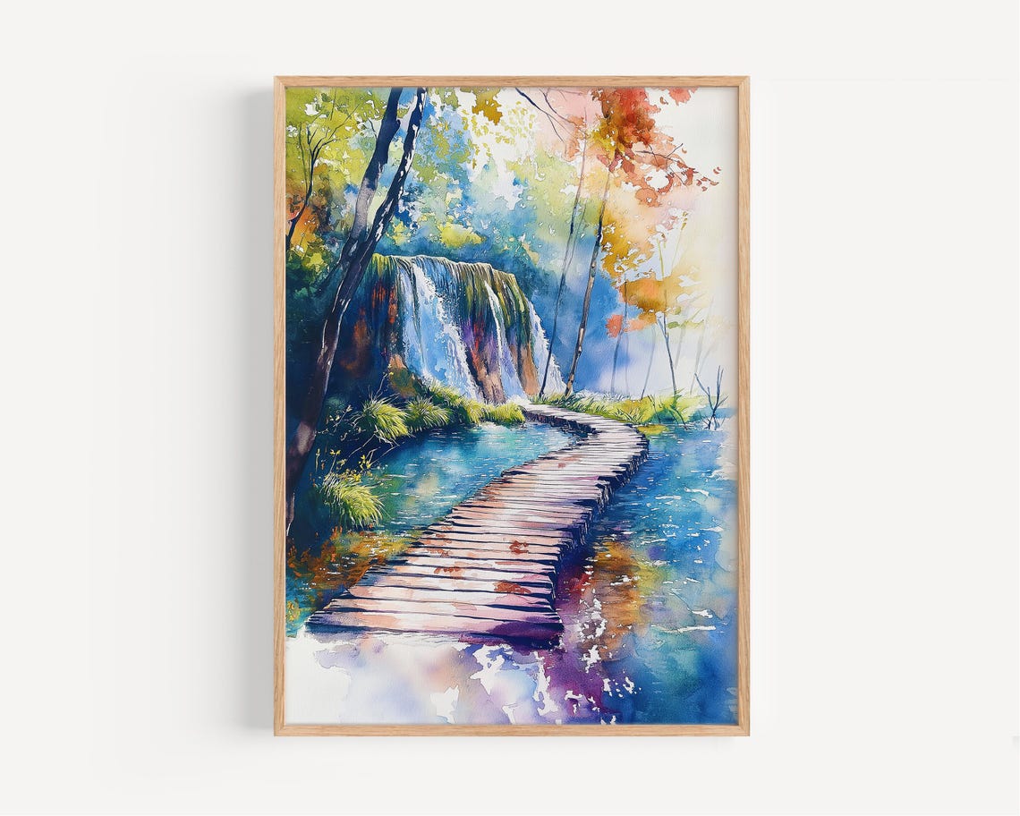 Plitvice Lakes Croatia Waterfall Boardwalk Watercolor Poster