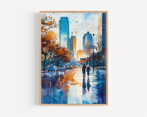 Texas Skyline Watercolor Poster Autumn Street Rainy Day Scene