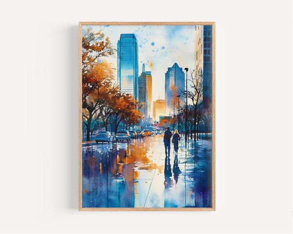 Texas Watercolor Painting Wall Art Print Usa Poster Dallas Travel Decor Illustration Home America