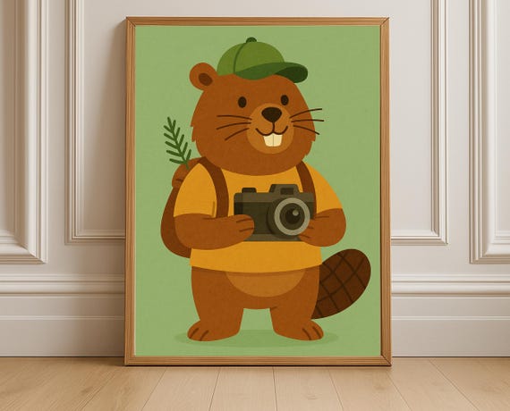 Photographer Beaver Wall Art Hobby Animal Series Camera Backpack Print For Nursery Playroom Modern Kids Room