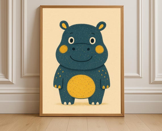 Happy Hippo Wall Art Nursery Print Kids Room Decor Playroom Poster Hippopotamus Illustration Hobby Animal Series