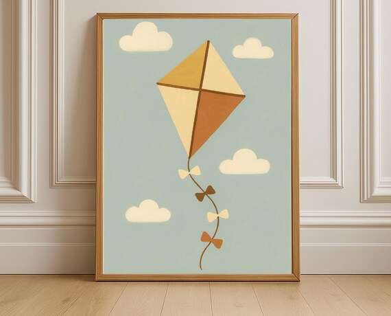 Colorful Diamond Kite Cloudy Sky Minimalist Nursery Poster Art