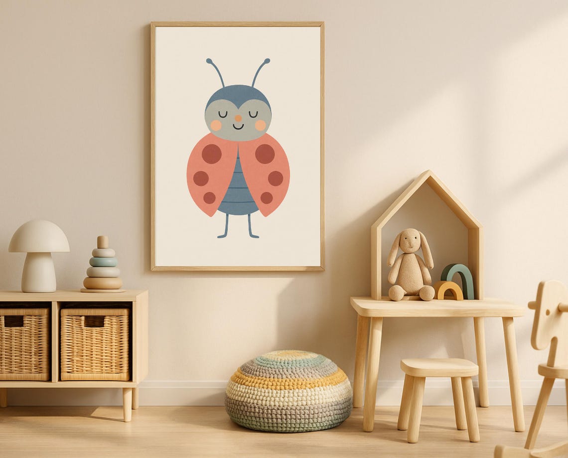 Sleeping Ladybug With Peach Polka Dot Wings Cute Kids Poster
