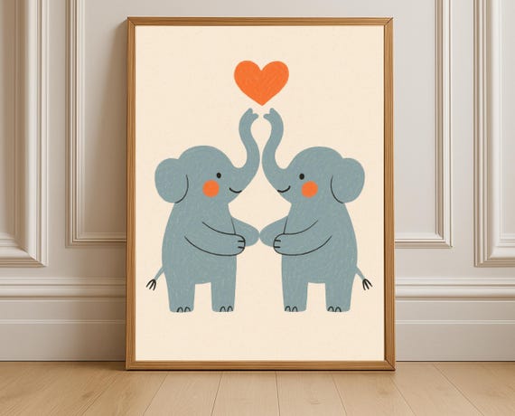 Elephant Love Nursery Print Wall Art Genderneutral Kids Room Decor Instant