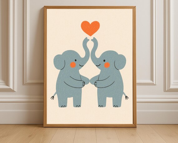 Two Sweet Baby Elephants Raising Trunks to Form a Heart Poster