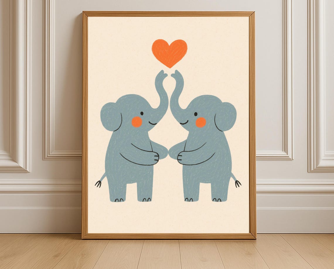 Elephant Love Nursery Print Wall Art Genderneutral Kids Room Decor Instant